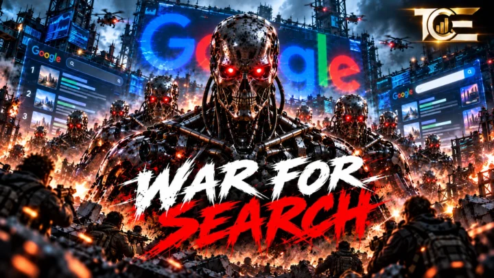 Menacing humanoid AI robots with glowing red eyes advance through a dystopian Google search battlefield as human resistance fighters face them below, with the punchline “War for Search” and The Crypto Encounter logo in the top-right corner.